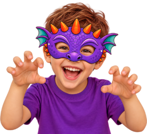 Kluk s papírovou dračí maskou
