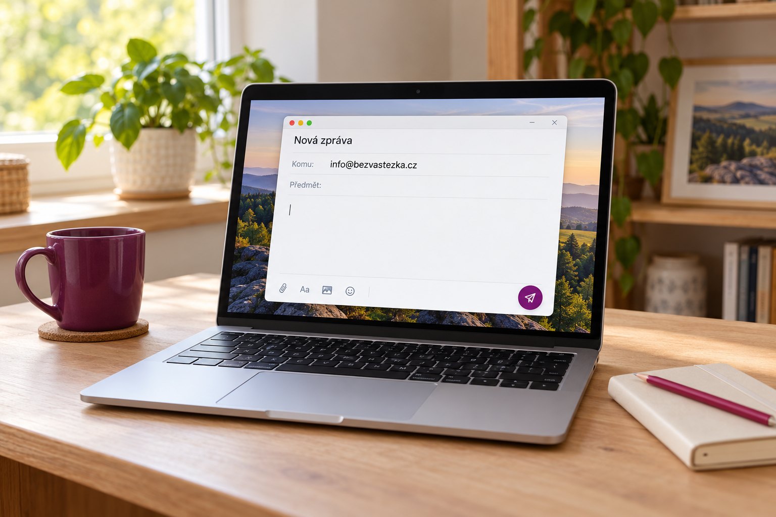 Notebook na stole s rozepsaným e-mailem na adresu info@bezvastezka.cz, vedle hrnek a zápisník